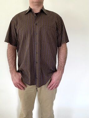 Robert Talbott dark brown plaid short sleeve button front shirt